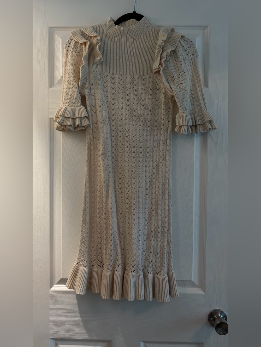 Ivory Knit Ruffle-Sleeve Mini Dress